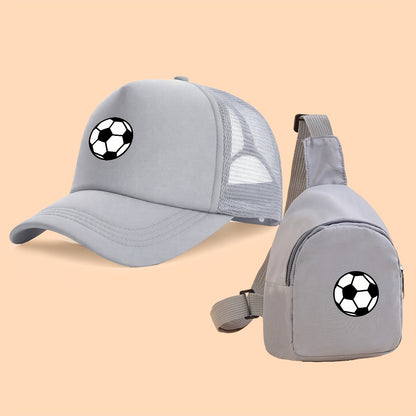 Kids Breathable Soccer Print Baseball Cap & Crossbody Bag Set