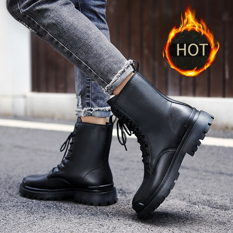 High-End Fashionable Outdoor Casual Men'S Boots for Autumn And Winter, Classic Black Versatile Men'S Boots with Fleece, Genuine Leather Work Shoes for Men.