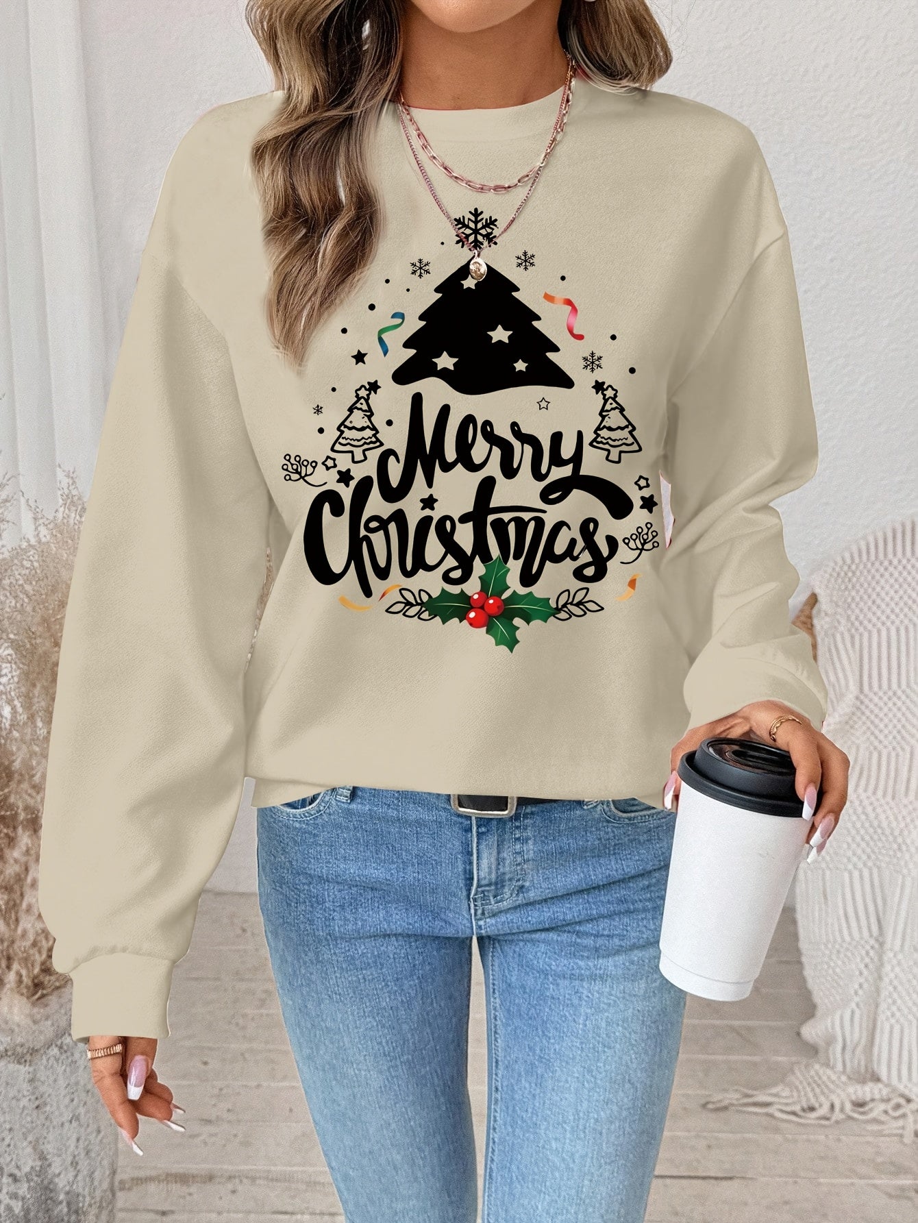 Women's Red Christmas Tree & Lettering Sweater - Cozy Winter Pullover with Round Neck Long Sleeve, Thickened Sweating-Reducing Blouse for Xmas Party Outfits, Family Gatherings (Machine Washable, Autumn/Winter Clothing)