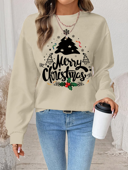 Women's Red Christmas Tree & Lettering Sweater - Cozy Winter Pullover with Round Neck Long Sleeve, Thickened Sweating-Reducing Blouse for Xmas Party Outfits, Family Gatherings (Machine Washable, Autumn/Winter Clothing)