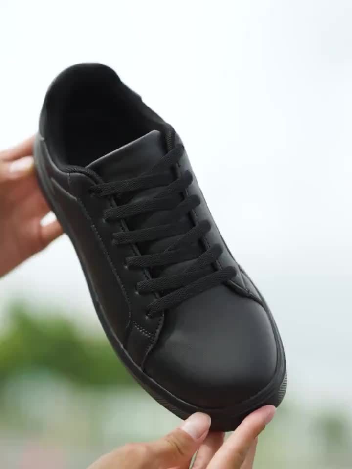[1 Pair Men'S Black Faux Sneakers] 1 Pair Men'S Classic Black Faux Low-Top Sneakers, Round Toe, Casual Sports Style, All-Season Slip-Resistant Durable Shoes with EVA Sole, Breathable Fabric Lining, Lace-Up Closure