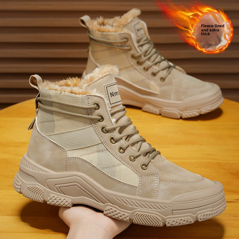 Men's High-Top Winter Boots with -Like Collar & - Heavy-Duty PU Upper, PVC Sole, Beige/Tan Lace-Up Snow Boots for Ice, Slush,, Outdoor (Warm Cold Weather Footwear)