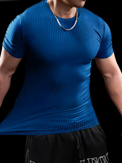 Men's Stretch Fit Short Sleeve T-Shirt - Breathable, Comfortable Polyester Blend, Solid Blue, Crew Neck, Casual  Sporty Style for Spring/Summer