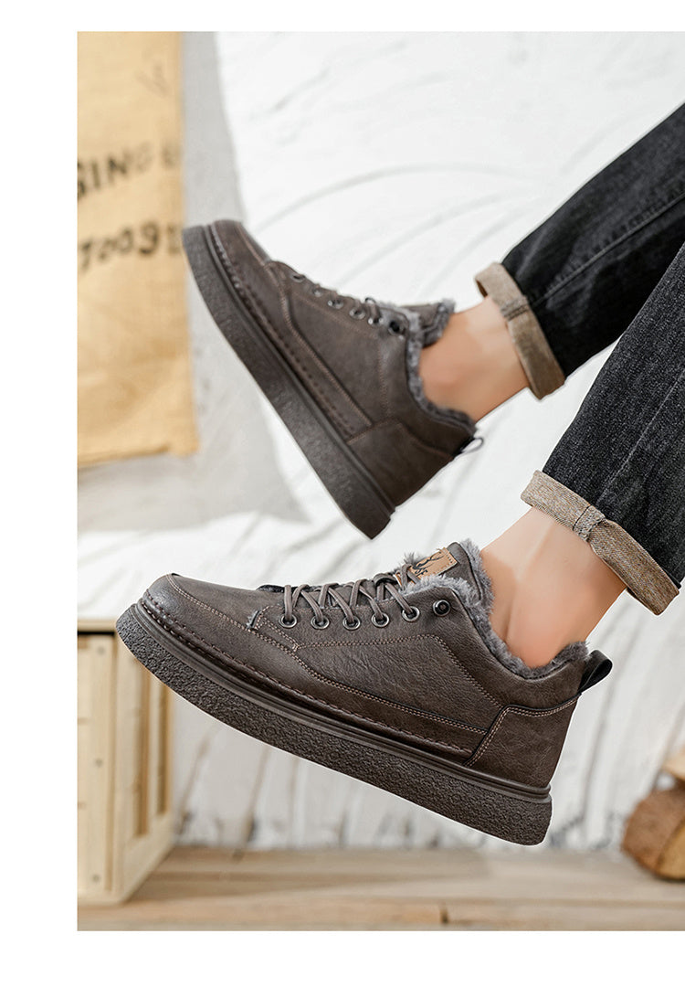 Men's Winter Warm PU -Like Hiking Sneakers with Plush -Like, EVA Cushioned Sole & Rubber Traction Tread - Low-Top Lace-Up Outdoor Shoes for Ice, Snow, Casual Wear (Black/Brown) - Cold Weather