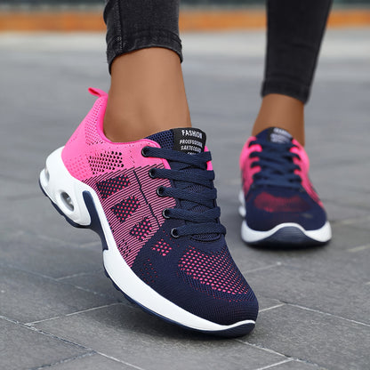 Women's Breathable Knit Running Shoes with Air Cushion - Lightweight Casual Sneakers, Black Mesh Upper, Comfortable Low-Top Design for All-Day Wear