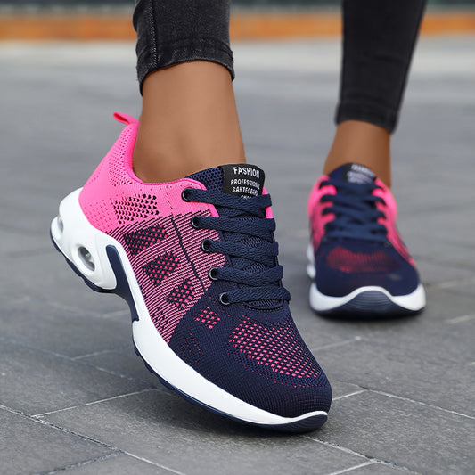 Women's Breathable Knit Running Shoes with Air Cushion - Lightweight Casual Sneakers, Black Mesh Upper, Comfortable Low-Top Design for All-Day Wear