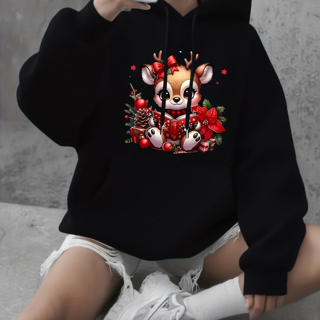 Women's Fashion Autumn/Winter Christmas Reindeer Print y Casual -Lined -Feel Hooded Sweatshirt