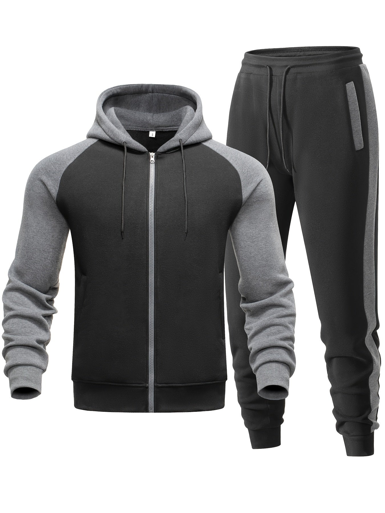 Men's Casual Sports Hoodie Two-Piece Set Four Seasons Color-Matching Zipper Drawstring Waist Jogging Suit - ayq