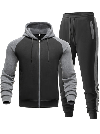 Men's Casual Sports Hoodie Two-Piece Set Four Seasons Color-Matching Zipper Drawstring Waist Jogging Suit - ayq