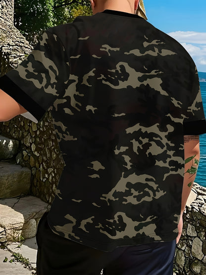 Men'S Camo Print T-Shirt - Short Sleeve, Regular Fit, Casual Style with Skull  Floral Design, Black with Brown/Beige Camouflage Pattern, Perfect for Casual Attire, Everyday Tshirt   Camo Print Tee   Stretchable Fabric