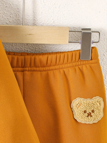 2pcs, Boys' Round Neck Sweatshirt Set, Suitable for Boys Aged 1-8, Fashionable Cartoon Bear Patch, Slightly Stretchy Fabric, Warm Fleece-Lined for Autumn and Winter, Ideal for Casual Sports Wear, Minimalist Style Perfect as a