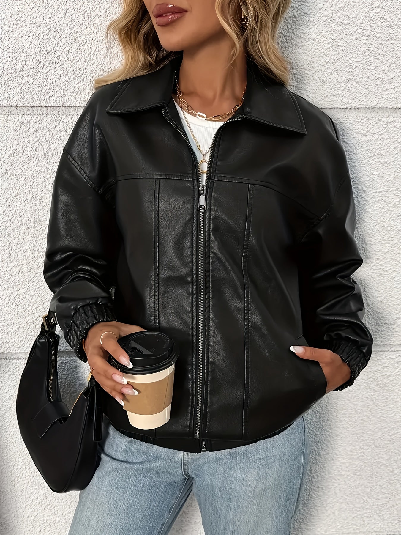 Graceful Special Edition Women's Solid Color Zip-Up PU Casual Long Sleeve Jacket