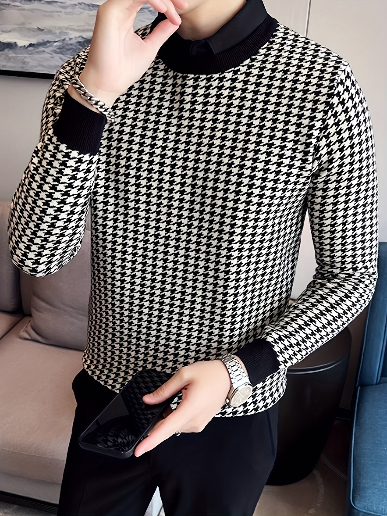 Նոր տղամարդու Houndstooth գունավոր խճճված սվիտեր, կլոր վզնոցով և երկար թևքերով ամենօրյա սվիտեր, տրիկոտաժե