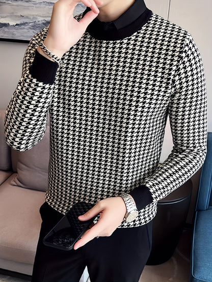 Նոր տղամարդու Houndstooth գունավոր խճճված սվիտեր, կլոր վզնոցով և երկար թևքերով ամենօրյա սվիտեր, տրիկոտաժե