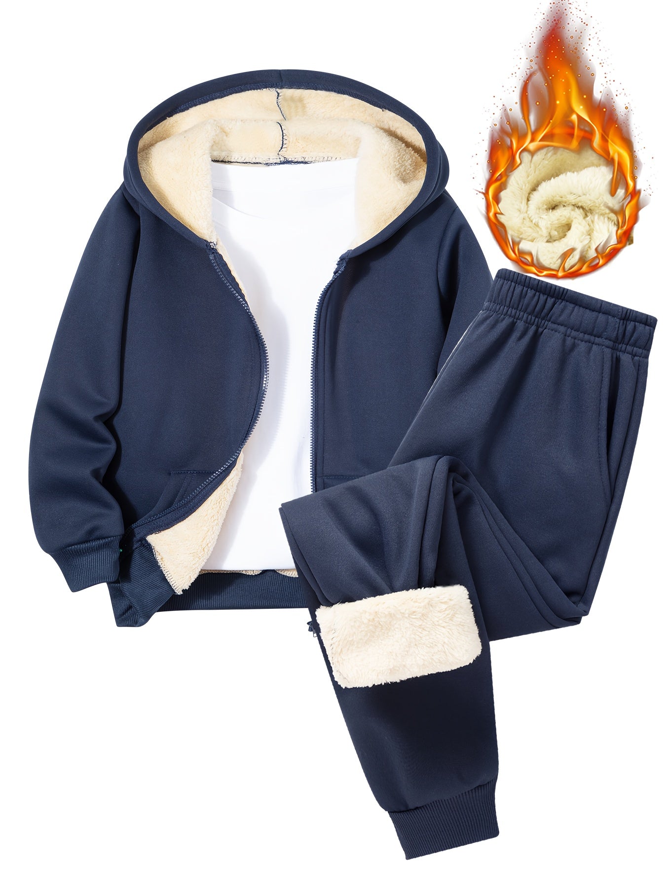 2 հատ տղաների համար նախատեսված բրդյա աստառով գլխարկով սվիտեր + առօրյա տաբատների հավաքածու, միագույն երկարաթև, կայծակաճարմանդով վերնաշապիկ՝ միջին ձգվողության տաք գործվածքից, աշուն/ձմեռ սեզոնի համար, իդեալական է