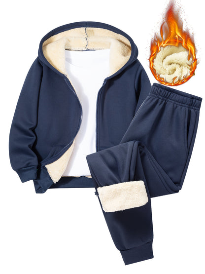 2 հատ տղաների համար նախատեսված բրդյա աստառով գլխարկով սվիտեր + առօրյա տաբատների հավաքածու, միագույն երկարաթև, կայծակաճարմանդով վերնաշապիկ՝ միջին ձգվողության տաք գործվածքից, աշուն/ձմեռ սեզոնի համար, իդեալական է