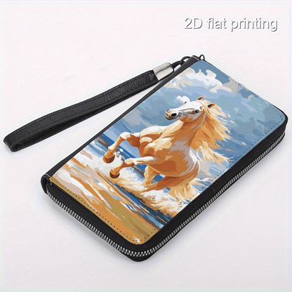 1pc Horse Pattern Ladies Wallet, Single-Sided New Design Large Capacity Multi-Card Slot Long Wallet, Trendy Casual Commuter Zippered Multifunctional Women's Clutch Purse, Pattern Placement May Vary