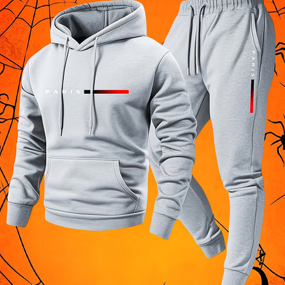 Halloween Men'S Hoodie with PARIS Lettering And Drawstring Sweatpants Set, a Must-Have Outfit for Autumn And Winter, Perfect for Everyday Outdoor Wear - ayq