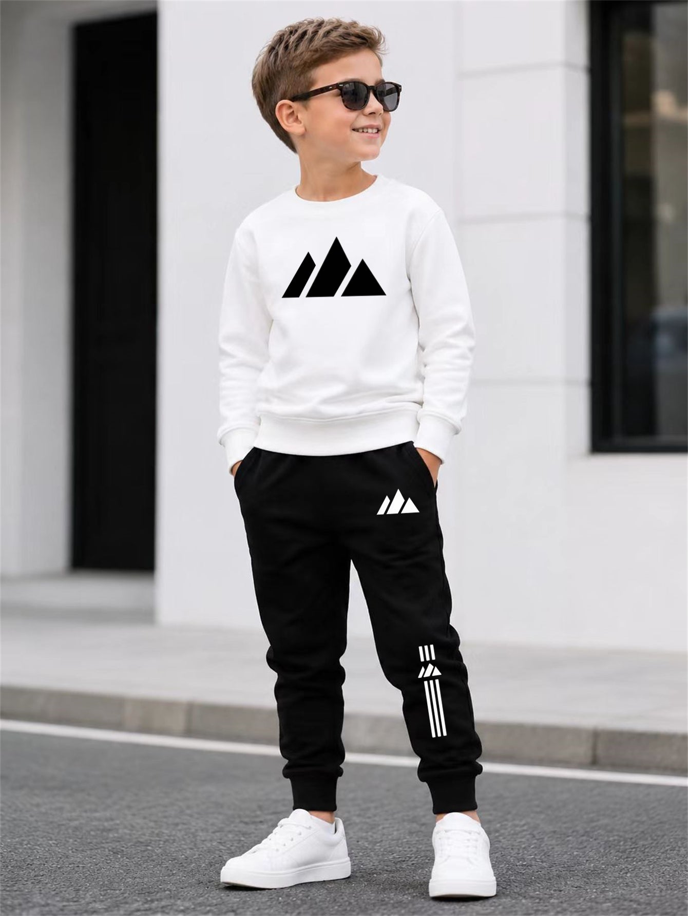 Boys' Mountain Peak Print Hoodie and Pants Set, Soft Polyester