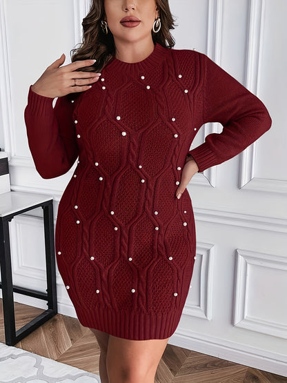 Plus Size, Plus Size Burgundy Pearl-Adorned Oversized Sweater Dress - Winter Warm Long Sleeve Round Neck A-Line, Christmas Party Wedding Guest Dress, Machine Washable Cozy -Like Tunic