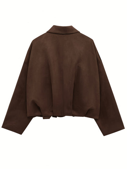 Կանացի վինտաժային բոմբեր բաճկոն - ազատ չափի երկար թևքով, կայծակաճարմանդով և իջեցված ուսերով, շագանակագույն առօրյա վերնազգեստ աշուն/ձմեռ համար, չձգվող գործվածք, իդեալական է առօրյա հագուստի համար, աշուն-ձմեռ բաճկոն | Վինտաժային բոմբեր ոճ | Zipp