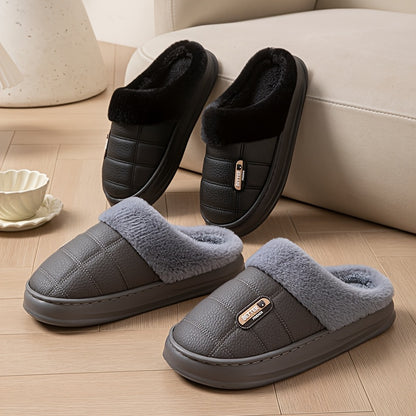 Men's Large PU Faux Leather Slippers Thick EVA Sole Warm Slip-On