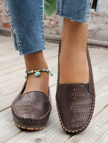 Women's Retro Perforated Flat Shoes, Comfy Breathable Round Toe Slip On Shoes, Casual Outdoor Loafers
