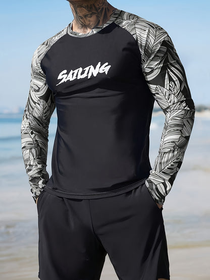 Men's Long Sleeve Rash Guard with Geometric Pattern, Athletic Swimwear