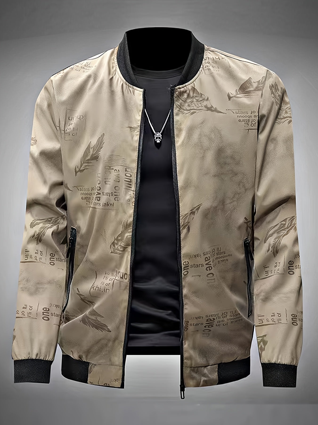 Men'S Lightweight Preppy Bomber Jacket with Feather & Star Print, Stand Collar, Zip-Up, Loose Fit, Polyester Lining, Casual Streetwear Style, Casual Outerwear | Star Pattern Jacket | Zippered Jacket