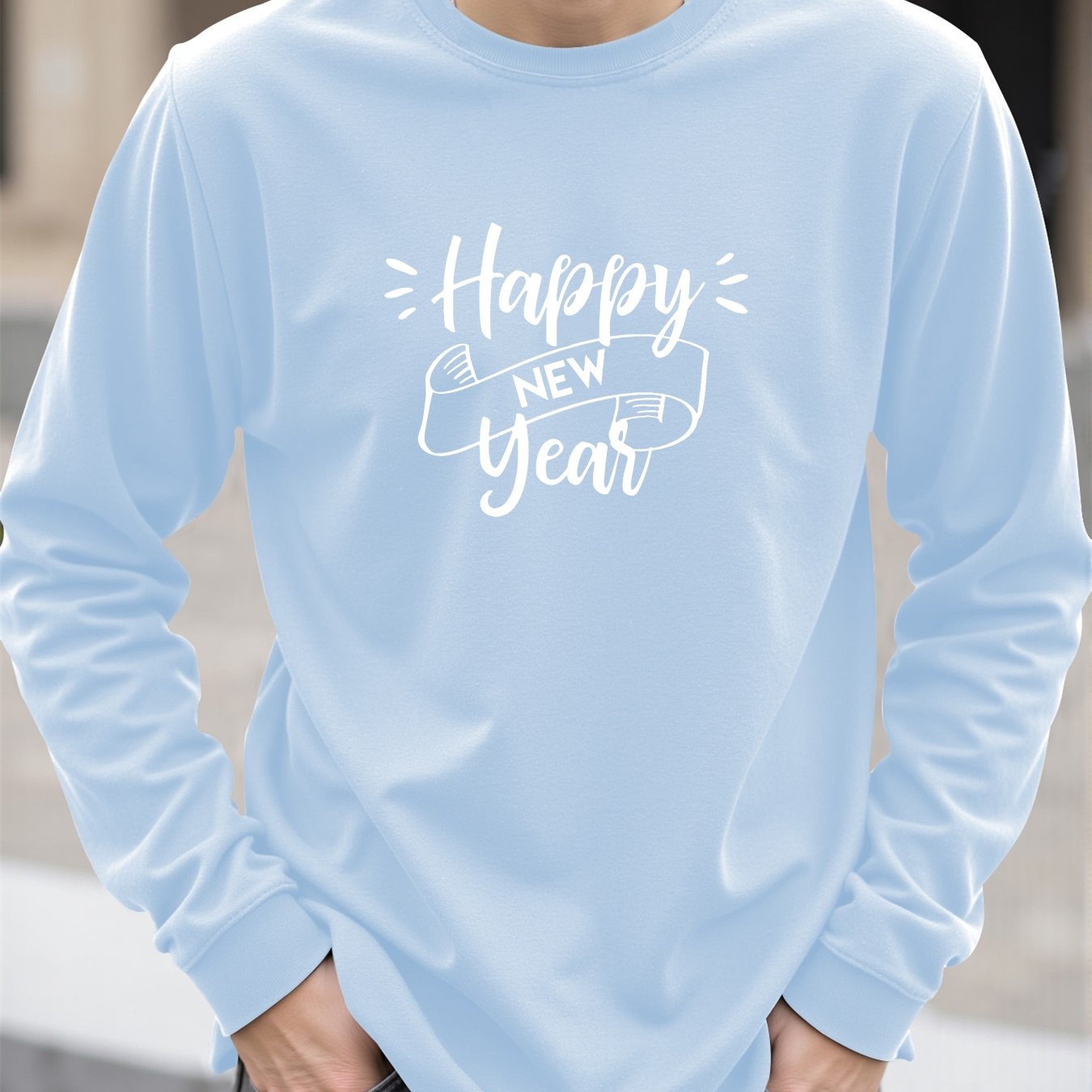 Men'S Happy New Year Graphic T-Shirt - Casual Long Sleeve Crew Neck, White with Black Lettering & Festive Design, Loose Fit for Spring/Fall, Perfect for Casual Attire, Festive Clothing | Festive Graphic Tee | Comfortable Fit