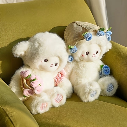 Adorable Plush Doll of a Cartoon Sheep Holding a Flower, Featuring a Fluffy Simulation Lamb Design. This Cute Kawaii Animal Plush Toy Makes a Perfect Birthday Gift