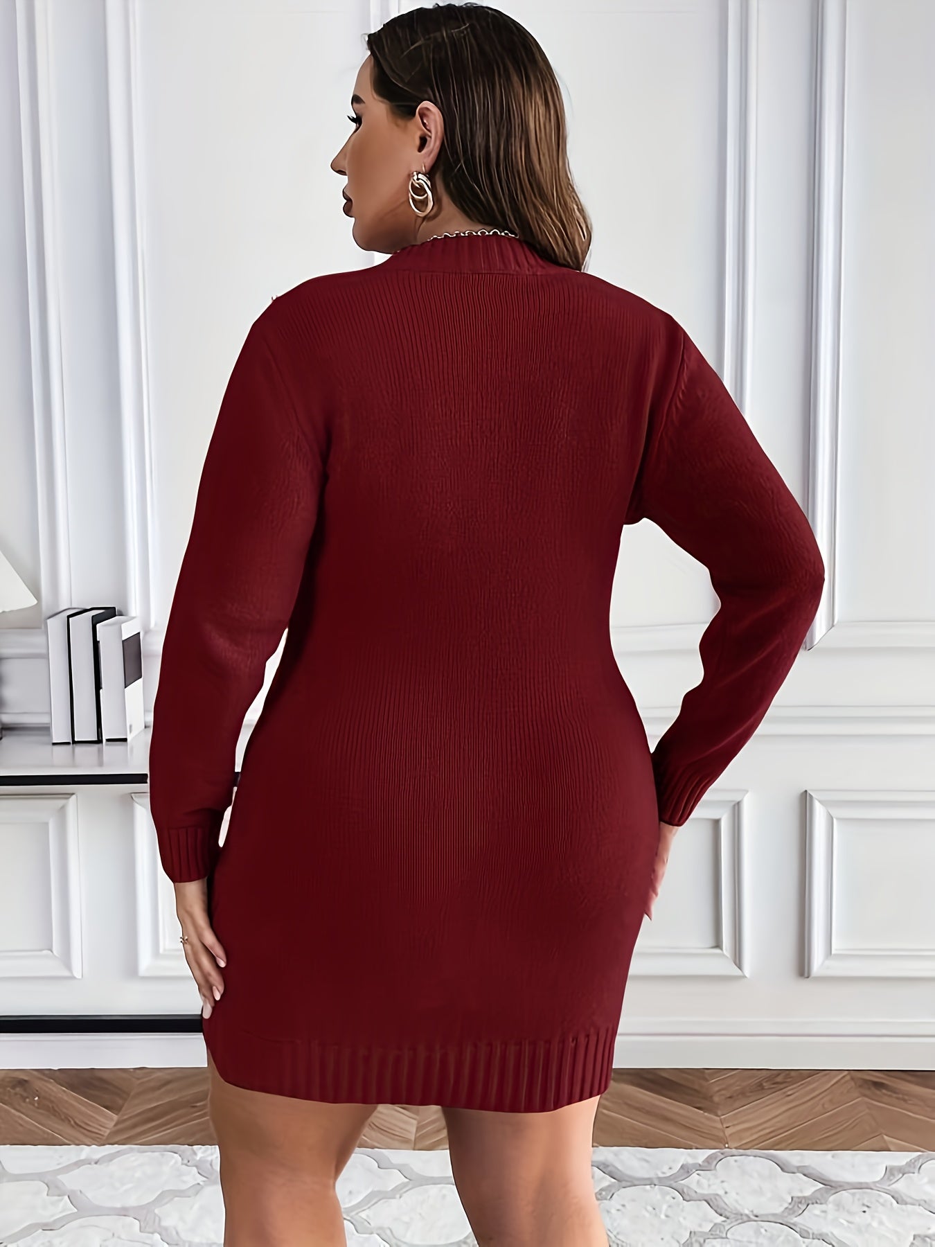 Plus Size, Plus Size Burgundy Pearl-Adorned Oversized Sweater Dress - Winter Warm Long Sleeve Round Neck A-Line, Christmas Party Wedding Guest Dress, Machine Washable Cozy -Like Tunic