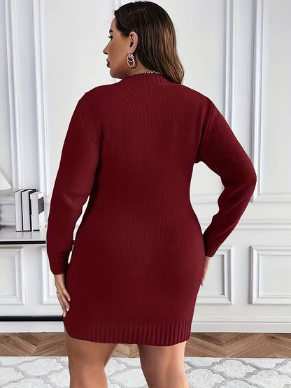 Plus Size, Plus Size Burgundy Pearl-Adorned Oversized Sweater Dress - Winter Warm Long Sleeve Round Neck A-Line, Christmas Party Wedding Guest Dress, Machine Washable Cozy -Like Tunic