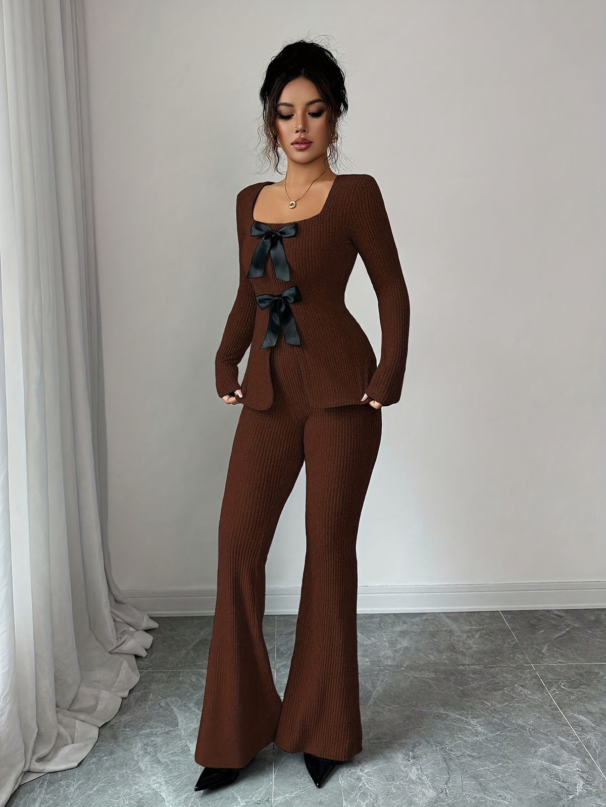 Elegant Women's Slim Fit Bow-Tie Top & Flared Pants Set - ayq