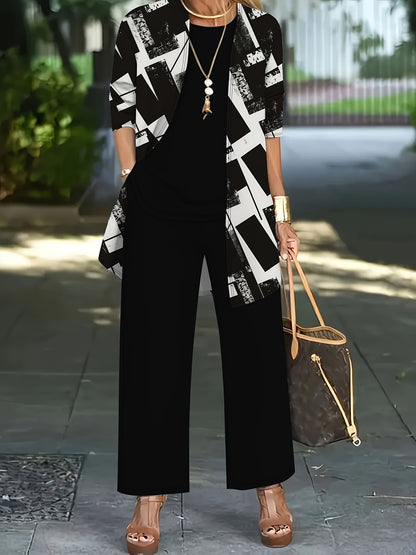 Women's 3-Piece Geometric Cardigan Set with Vest & Pants