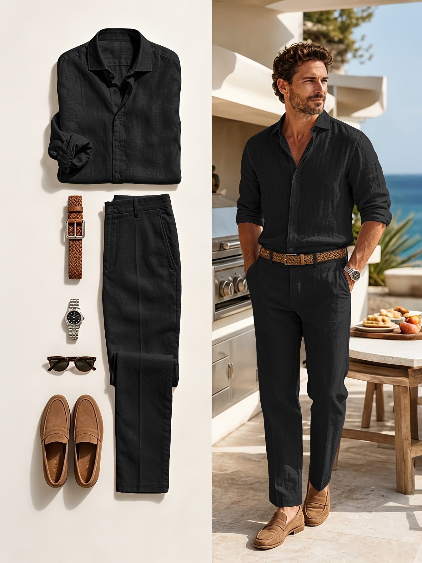 Men's Linen Casual Lapel Shirt and Trousers Set for Spring/Fall