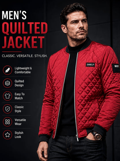 Men's Quilted Bomber Jacket with Ribbed Collar for Fall/Winter
