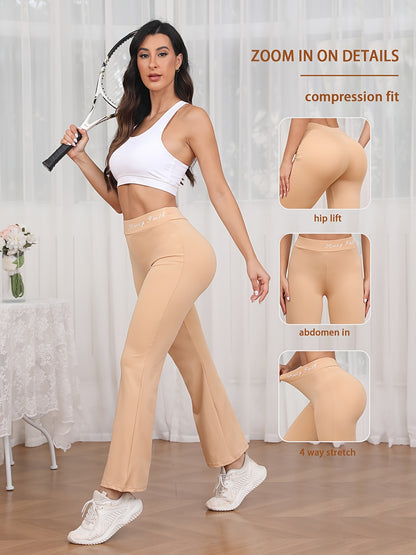 Women's High Waist Flare Yoga Pants, Quick-Dry Stretch Workout Leggings, Fashionable Sports Trousers with Waistband Detail, Gym Running Activewear
