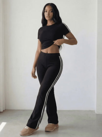 Sla Yue Lingshan Spring/Summer Solid Color Striped 2pcs Set, Women's Short Sleeve Flared Pants Suit, Slim Fit Swear, Casual Loungewear, High-Waist Slightly Flared Long Pants