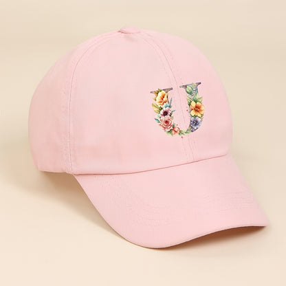 Adjustable Pink Baseball Cap for Kids with Floral Alphabet Design
