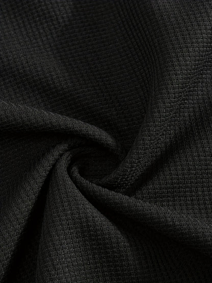 Men's 2pcs Waffle Knit Casual Outfit: Zip-Up Short Sleeve Collared Shirt & Drawstring Pants - Black, Polyester Blend, Ideal for Casual Attire in Spring/Summer