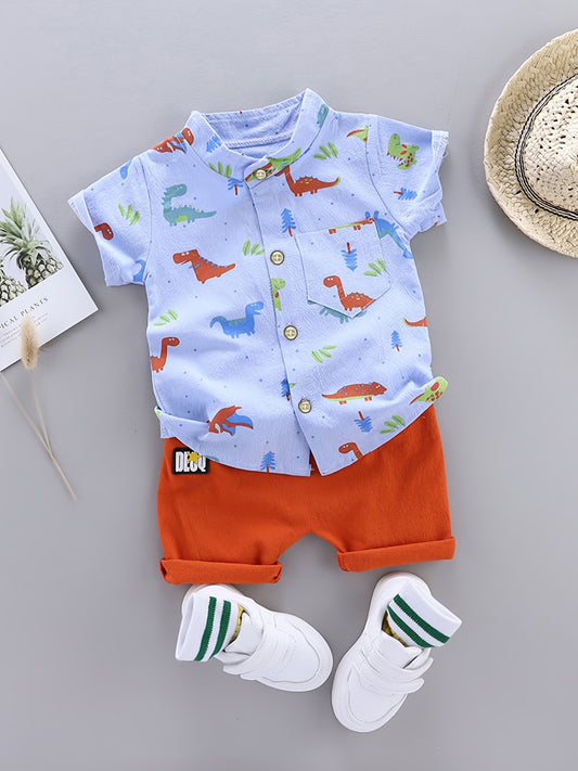 Kids' Cotton Dinosaur Print Shirt & Shorts Set for Summer - ayq