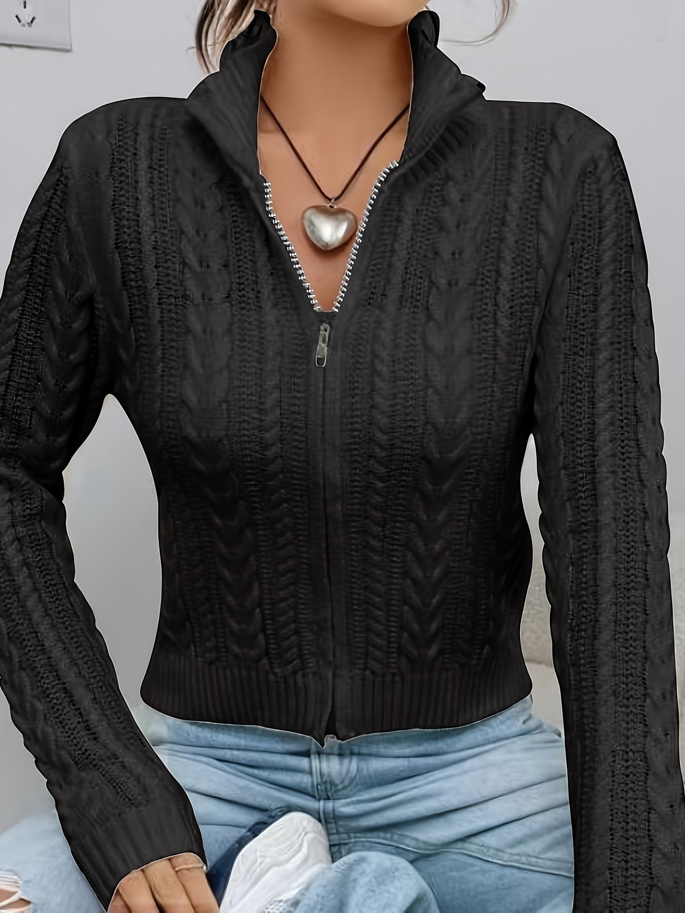 Women's Elegant Zip-Up Cable Cardigan with Stand Collar - Machine Washable Spring/Fall Jacket, White Solid Color, Braided Design & Zipper Front for Casual or Dressy Outfits, Cardigan Sweater, Autumn Layering Piece, Spring Out