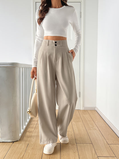 Women's High-Waisted Straight-Leg Pants - Light Beige Casual Polyester Blend with Button Details, Machine Washable, All-Season Comfort for Casual Attire, Cute Pants