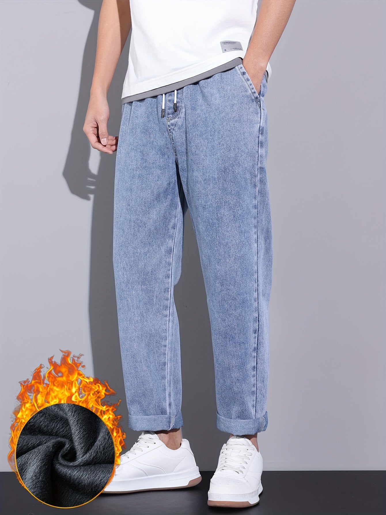 Men's Winter Fleece-Lined Jeans - Casual Straight Leg with Elastic Drawstring Waist, Warm & Stylish Streetwear Denim Pants