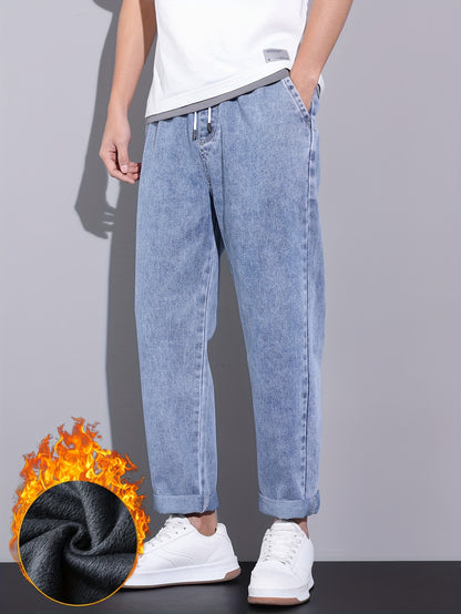 Men's Winter Fleece-Lined Jeans - Casual Straight Leg with Elastic Drawstring Waist, Warm & Stylish Streetwear Denim Pants
