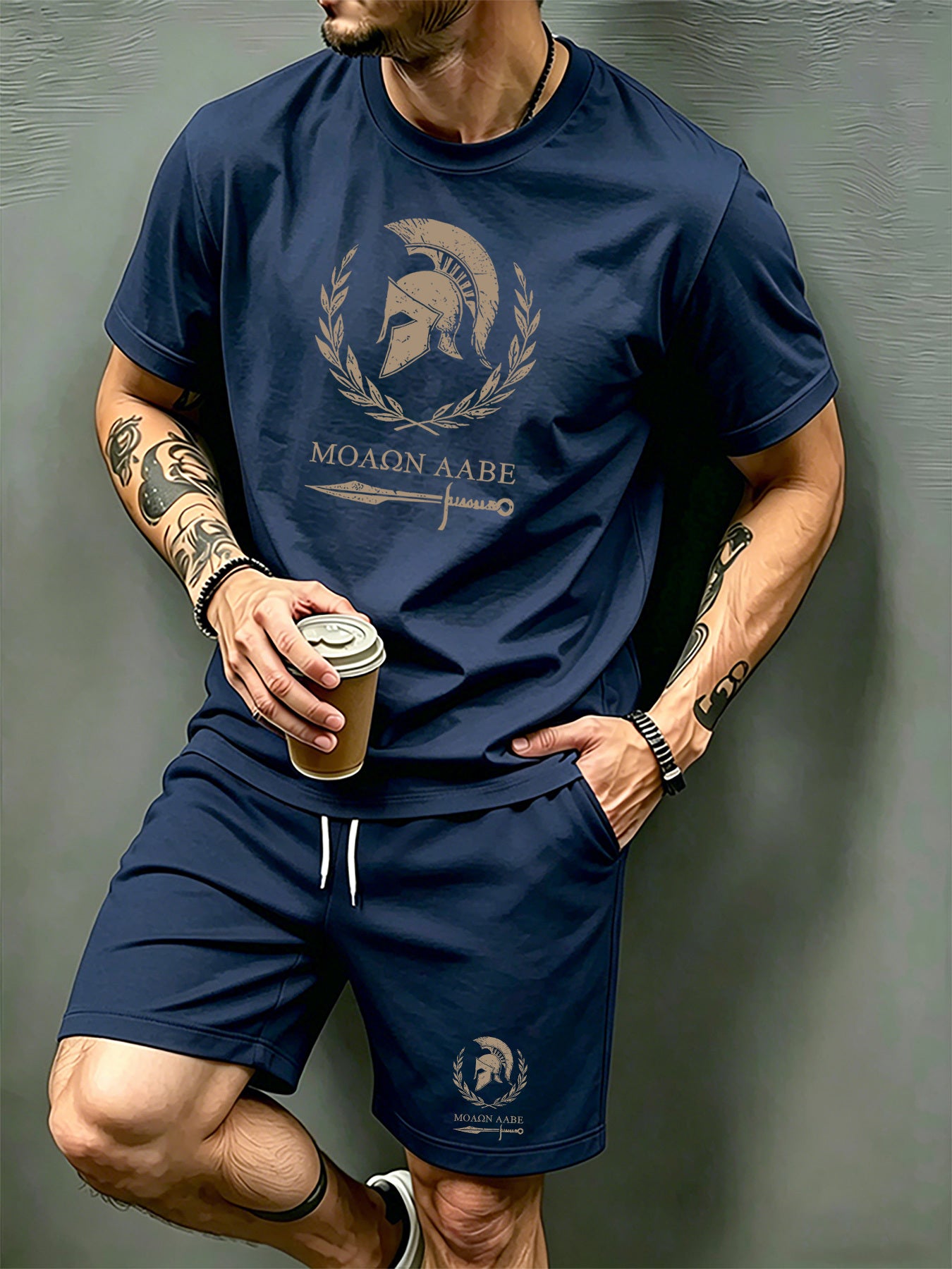 Men's Summer Short Sleeve T-Shirt and Shorts Set with Spartan Helmet P