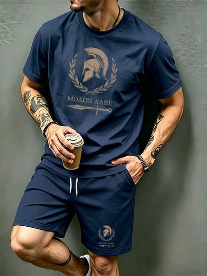 Men's Summer Short Sleeve T-Shirt and Shorts Set with Spartan Helmet P