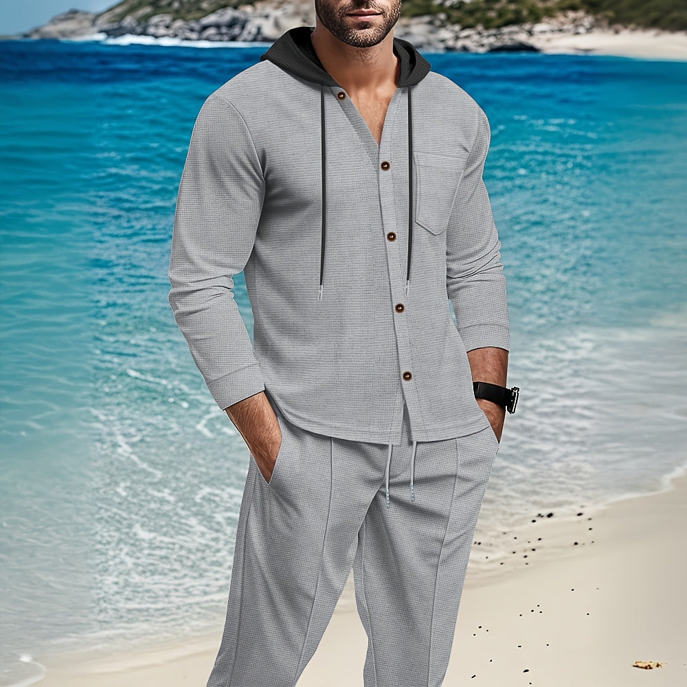 Men'S Lightweight Hooded Cardigan - Long Sleeve Sweater Jacket, Button-Front Closure, Light Grey Casual Outerwear for Office, Casual Attire - Breathable Fall/Spring Layering Essential, Sweater Cardigan, Waffle Texture, Durabl