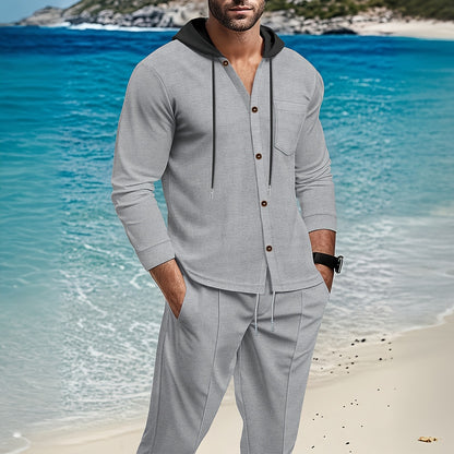 Men'S Lightweight Hooded Cardigan - Long Sleeve Sweater Jacket, Button-Front Closure, Light Grey Casual Outerwear for Office, Casual Attire - Breathable Fall/Spring Layering Essential, Sweater Cardigan, Waffle Texture, Durabl